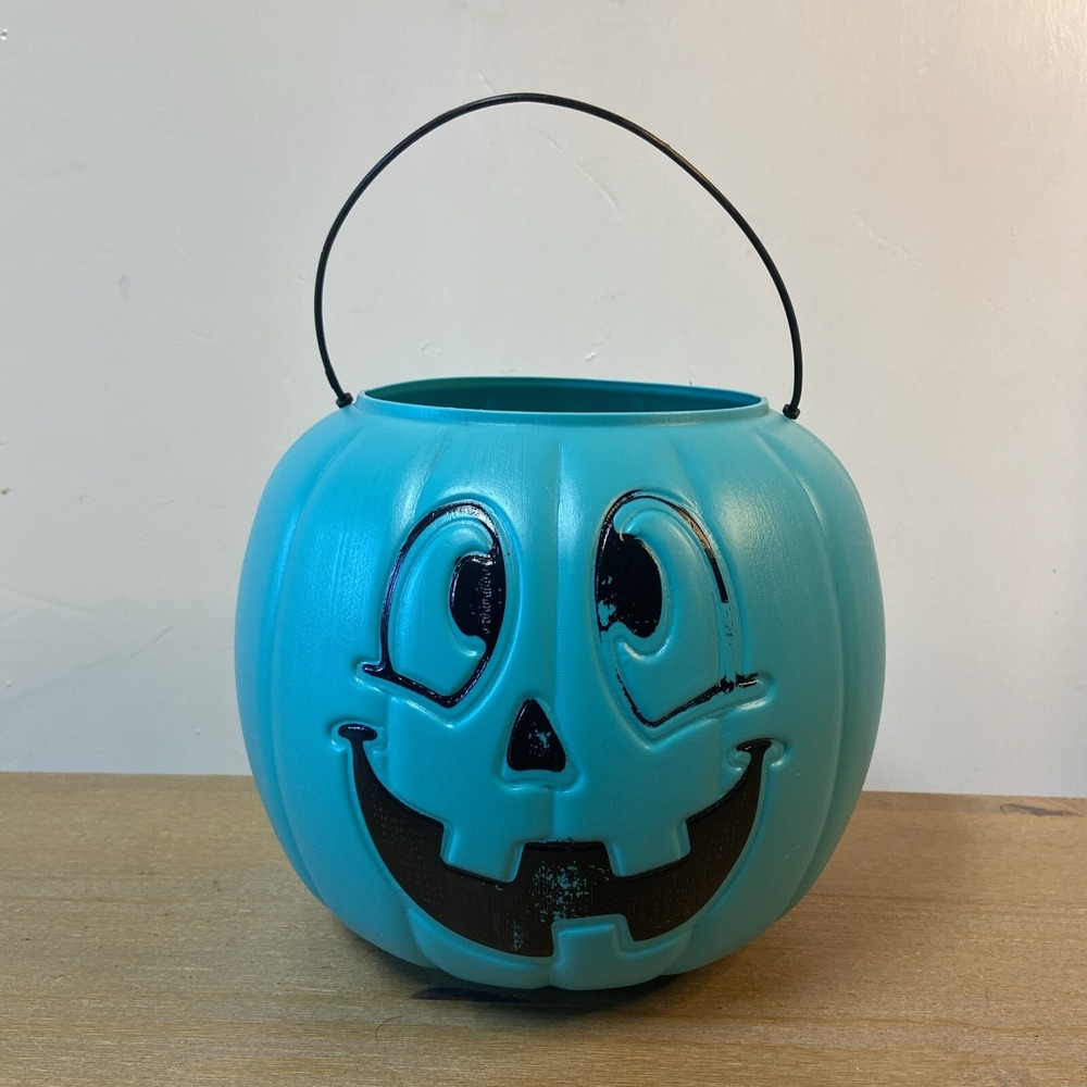 Halloween Pumpkin Blow Mold Teal Green Blue Bucket Pail Trick-or-Treat Vtg